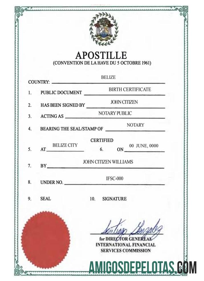 Certidão de Nascimento de Belize, Apostila VERSÃO 2 exemplo